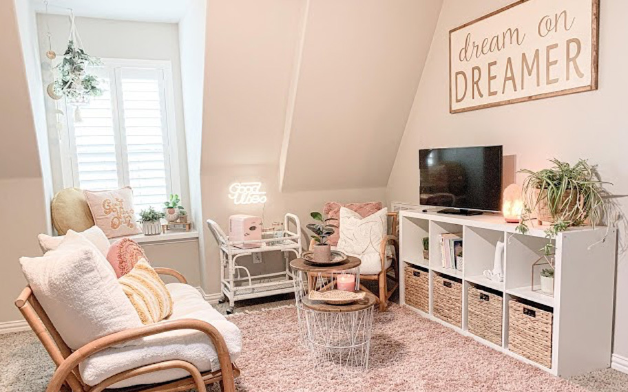 Renovate your floor with texture and bold colors. White polywood shutters in a cozy pink room.
