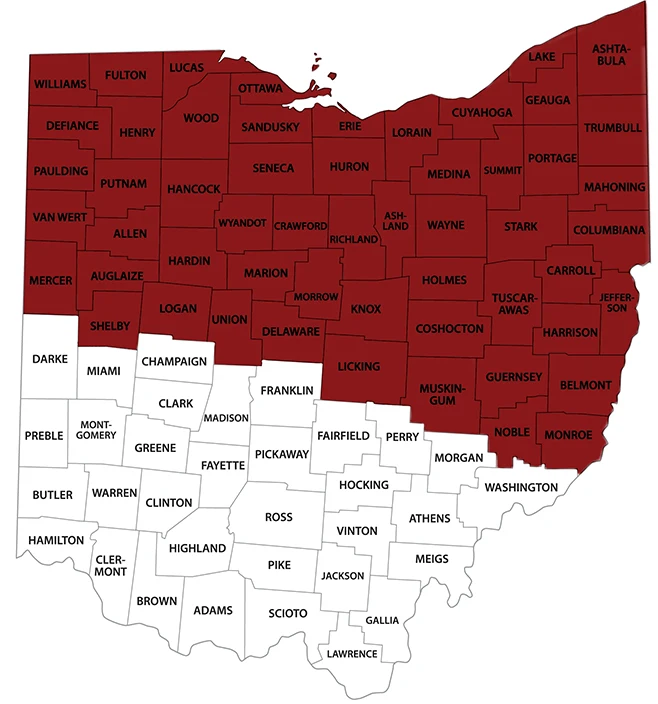 Northern half of Ohio counties shaded in red