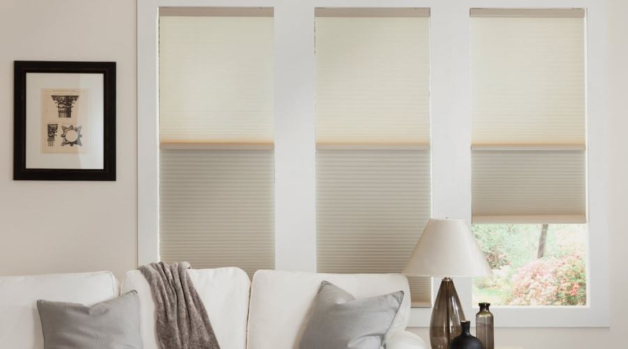 Cellular shades are energy efficient and stop air from entering through your window. Cellular shades in a Cleveland living room